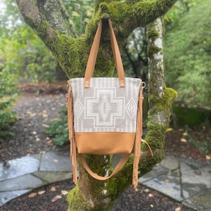 Large Southwestern Fringe Crossbody Tote Bag in Harding Tonal wool and leather-Tan Leather fringe Bag-Boho Southwestern Handbag