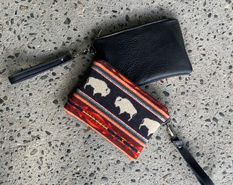 Southwestern Wristlet in Big Medicine wool and Black leather-Oregon wool-Women's Clutch-Western purse-Woodside Goods