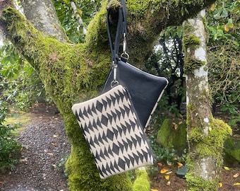 Southwestern Wristlet in Harding Black & Cream wool and Black leather-Oregon wool-Women's Clutch-Western purse-Woodside Goods