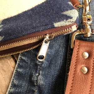 May include: Close-up of a zipper on a blue and white patterned fabric bag. The zipper is silver and has a YKK logo. The bag is attached to a brown leather strap.