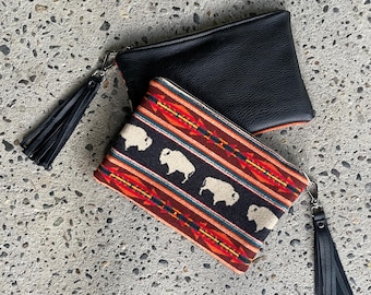 Tribal Zipper Clutch in Big Medicine wool and black leather with Leather fringe, Southwestern Clutch, Women's Boho Handbag
