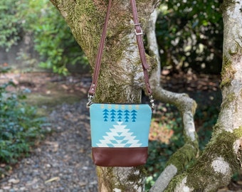Mini Cross body Bag in Pendleton wool  Rancho Arroyo Aqua-Tribal Women's Shoulder bag-Boho Bag- leather Southwestern Design Bag