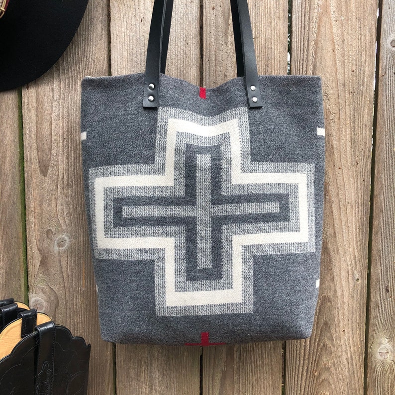 Cross Design Classic Tote Bag in Pendleton wool San Miguel-Women/'s Tote Bag Charcoal Gray Wool Tote Womens Shoulder Bag