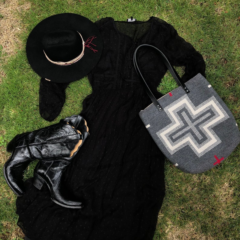 Cross Design Classic Tote Bag in Pendleton wool San Miguel-Women/'s Tote Bag Charcoal Gray Wool Tote Womens Shoulder Bag