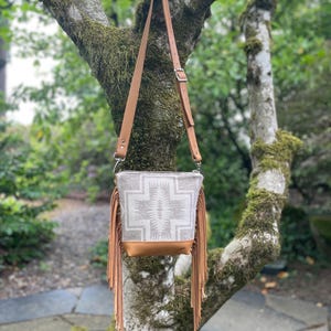Mini Crossbody Bag with Leather Fringe in Harding Tonal wool and tan leather-Leather fringe Bag-Boho Southwestern Handbag