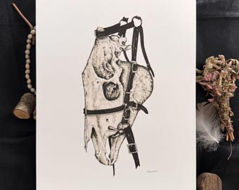 Horse Skull in Reins Print 11"x14"             Gift Dark Fairytale Love Art Furry Animal Spring Spirit Spiritanimal Forest Family Autumn Pet