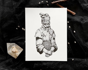 Terracotta Warrior 11"x14" Giclee Print  Nature Fairytale Asian China Chinese Black Dark Art Mystical Museum Draw Ancient Gift Love Warrior