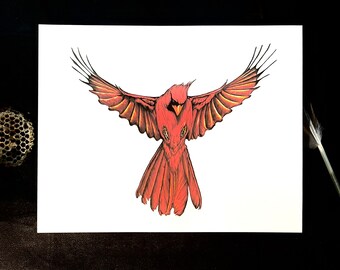 Cardinal Landing Giclee print 11”x14” Red Bird Fly Love Afterlife Forever Family Mom Art Valentines Mystical Magic Witch Witchy Drawing Wing