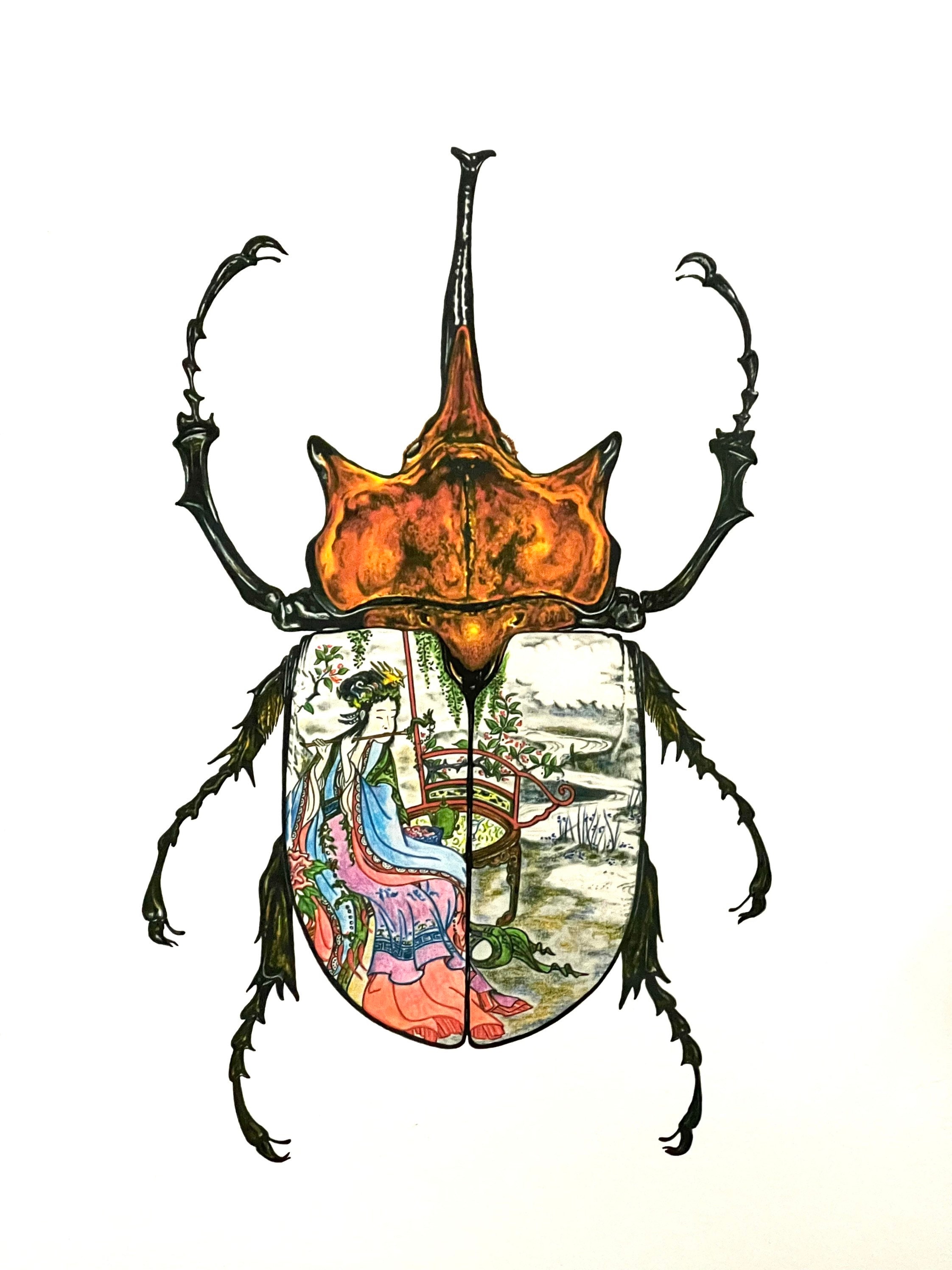 Japanese Insect Drawing Painted Beetle (one) Insect Bugs Color Nature Japanese Asian Fairytale ...