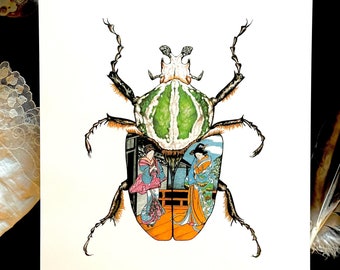 Painted Beetle (two) 11”x14” Insect Bugs Color Nature Japanese Asian Fairytale Women Empowerment Music Musical Mystical Japan Love Art Draw