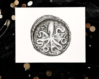 Ancient Octopus Coin 11"x14" Print Money Greece Tentacles Ocean Sea Kraken Pirate Goth Shipwreck Family Love Gift Art Pencil Graphite Draw