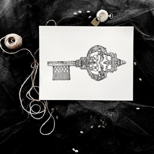 Antique Key Giclee Print 11&quot;x14&quot; Mystical Magic Women Empowerment Mental Health Lock Love Valentines Heart Goth Fairytale Best Friends Draw