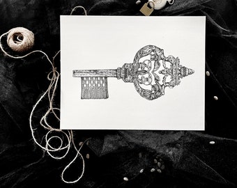 Antique Key Giclee Print 11"x14" Mystical Magic Women Empowerment Mental Health Lock Love Valentines Heart Goth Fairytale Best Friends Draw