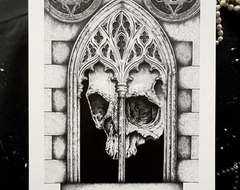 Holy Skull 11"x14" Giclee Print Goth Cathedral Spooky Halloween Witch Withchy Spiritual Anatomy Death Love Dead Dark Art Gift Gifts  Draw