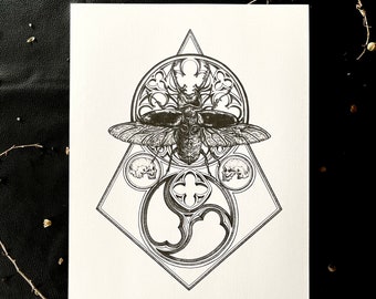 Sacred Stag Beetle 11"x14" print SacredGeometry Insect Bugs Color Nature Fairytale Women Gift Mystical Dark With Withcy Goth Art