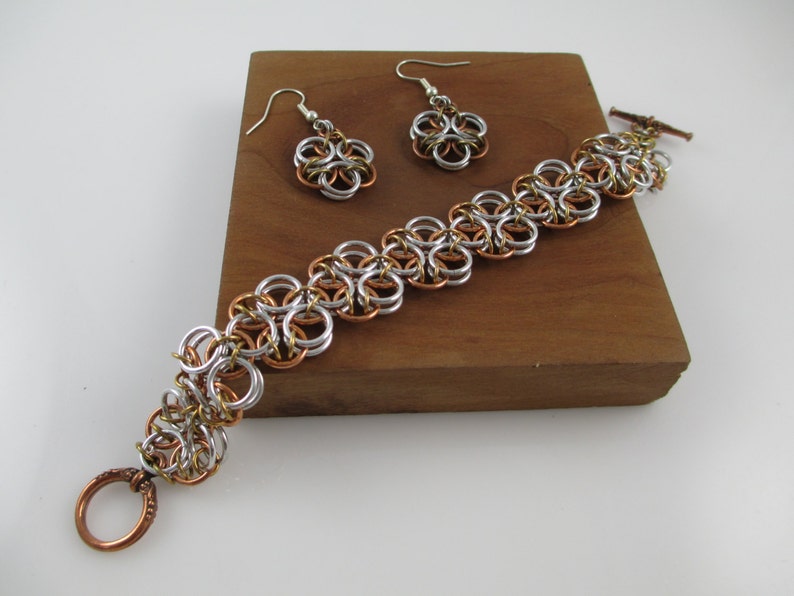 Chainmail Jewelry Chainmail Bracelet Bracelet and Earring Celtic Styled Chainmaille Set in Copper and Aluminum
