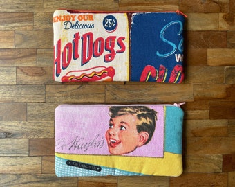 Padded Pencil pouch or Makeup bag made of  canvas with vintage signs