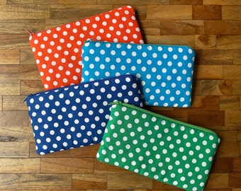 Padded Pencil pouch or Makeup bag made of cotton with polka dots