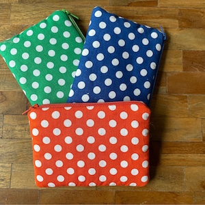 SALE ; small padded pouch for coins, jewelry, make-up, etc made of bright colored cotton with Polka Dots