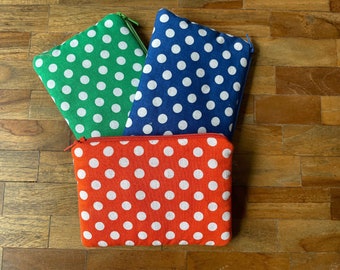 SALE ; small padded pouch for coins, jewelry, make-up, etc made of bright colored cotton with Polka Dots