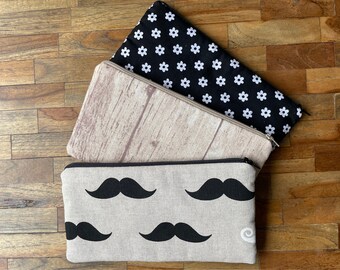 Padded Pencil pouch or Makeup bag made of cotton with moustache, flowers or wood pattern