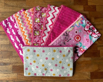 Makeup up pouch, pencil case made of cotton with lovely pink colors and patterns like moustaches, chevron, polka dots and flowers