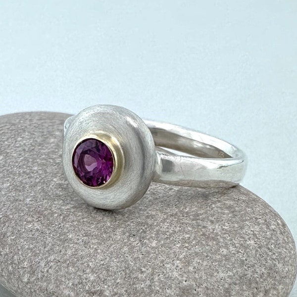 18ct Gold, Sterling Silver and Purple Garnet Ring Size P, Matte Satin Finish Silver Ring With Purple Garnet