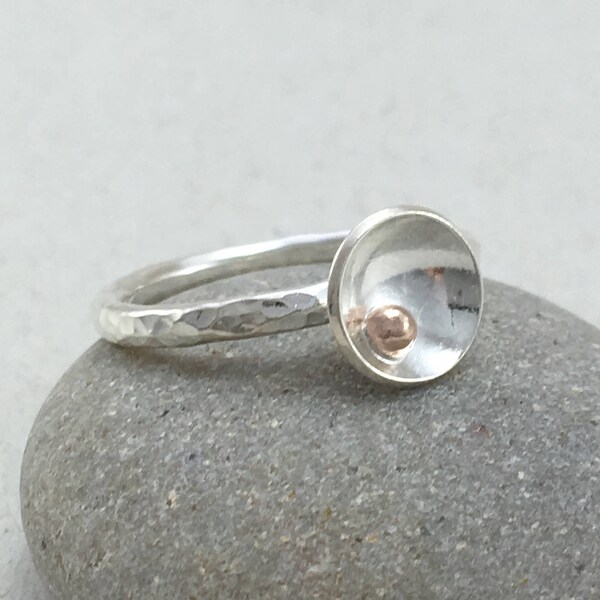 9ct Red Gold Pebble Stacking Ring, 2mm Silver Stacking Ring, Hammered Silver Stacker Ring, Handmade UK Silver ring, Silver Dome Ring