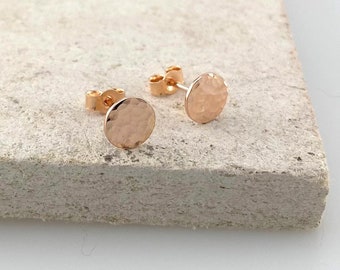 9ct Red Gold Hammered Disc Stud Earrings, Ethical Recycled Gold Circle Earrings