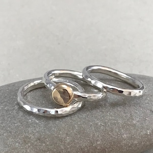 Chunky Hallmarked Yellow Gold Pebble Stacking Ring Set, Hammered Silver Stacking Rings, Silver Stacker Rings, Golden Nugget Ring Size O