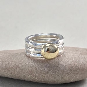 Chunky Hallmarked Yellow Gold Pebble Stacking Ring Set, Hammered Silver Stacking Rings, Silver Stacker Rings, Golden Nugget Ring