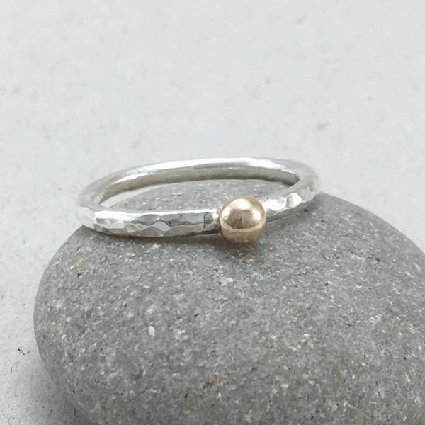 9ct Yellow Gold Pebble Stacking Ring, 2mm Silver Stacking Ring, Hammered Silver Stacker Ring, Handmade UK Silver ring, Gold Stacking Rings