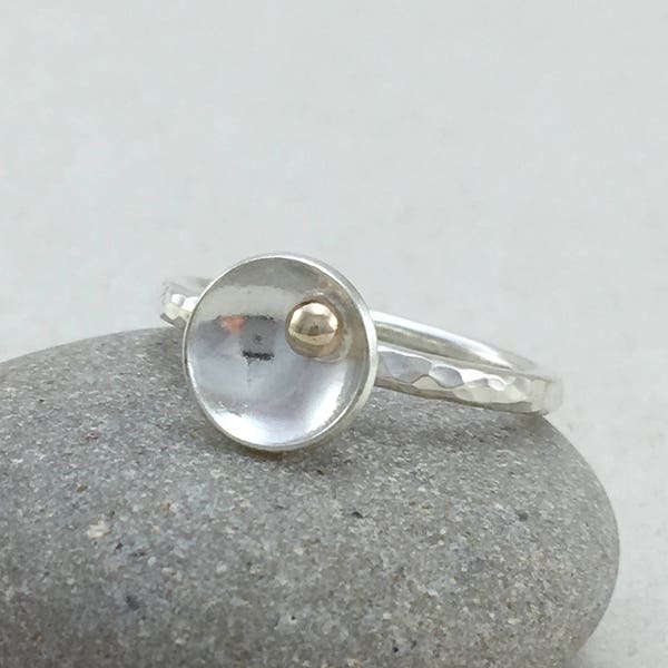 9ct Yellow Gold Pebble Stacking Ring, 2mm Silver Stacking Ring, Hammered Silver Stacker Ring, Handmade UK Silver ring, Silver Dome Ring