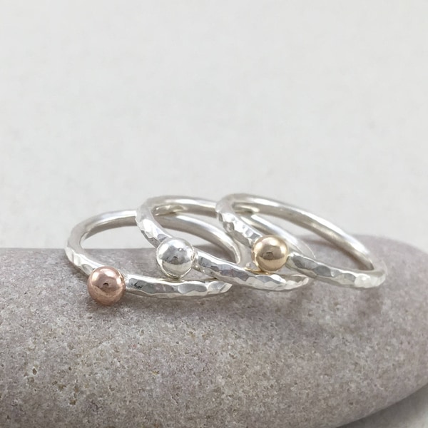 Set of Three Gold and Silver Pebble Stacking Rings, 2mm Silver Stacking Ring, Hammered Silver Stacker Ring, Silver rings, Gold Stacking Ring