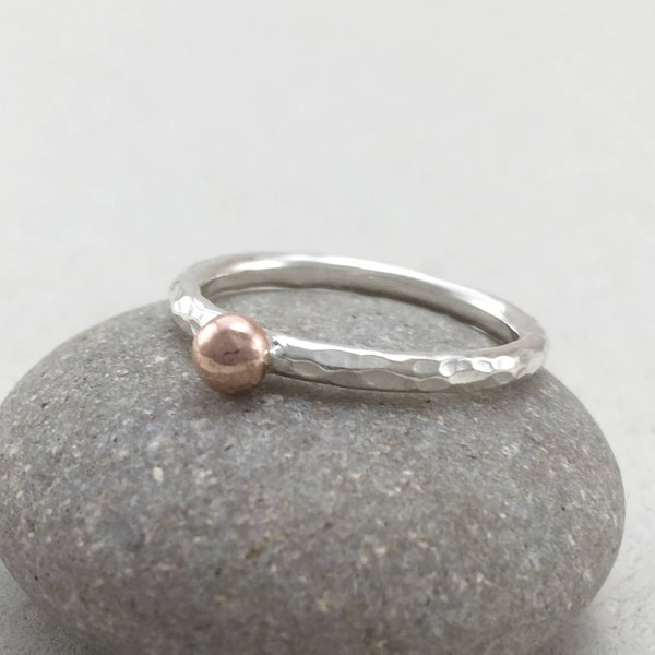 9ct Red Gold Pebble Stacking Ring, 2mm Silver Stacking Ring, Hammered Silver Stacker Ring, Handmade UK Silver ring, Gold Stacking Rings