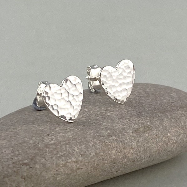 Sterling Silver Hammered Heart Stud Earrings, Small Silver Heart Earrings, Silver Stud Earring