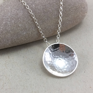 Polished Sterling Silver Hammered Dome Necklace, Handmade Silver Circle Necklace, Silver Dome Pendant, Disc Pendant, Hammered Silver