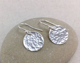 Hammered Sterling Silver Disc Dangle Earrings, Silver Drop Earrings, Handmade Silver Pebble Earrings, Silver Dangle Earrings