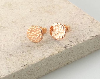 9ct Red Gold Hammered Disc Stud Earrings, Ethical Recycled Gold Circle Earrings