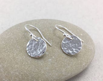 Hammered Sterling Silver Circle Earrings, Hammered Silver Dangle Earrings, Handmade Silver Small Circle Earrings, Silver Dangle Earrings