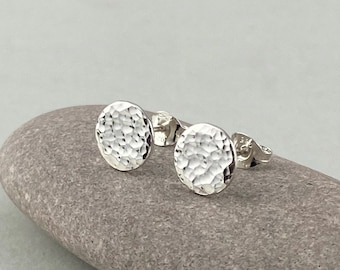 Hammered Sterling Silver Disc Stud Everyday Earrings, Textured Round Studs