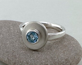 Sterling Silver and Swiss Blue Topaz Ring Size O, Matte Satin Finish Silver Ring With Blue Topaz