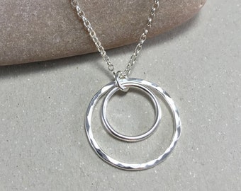 Hammered Sterling Silver Double Circle Necklace, Textured British Silver Pendant, Contemporary Minimalist Circle Pendant