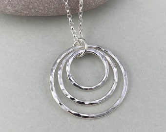 Hammered Sterling Silver Triple Circle Necklace, Hammered British Silver Pendant, Handmade Silver Three Circle Necklace Handmade Pendant