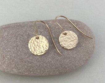 Mini Hammered 9ct Gold Disc Dangle Earrings, Textured Recycled 9ct Gold Circle Drop Earrings