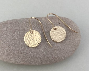 Mini Hammered 9ct Gold Disc Dangle Drop Earrings