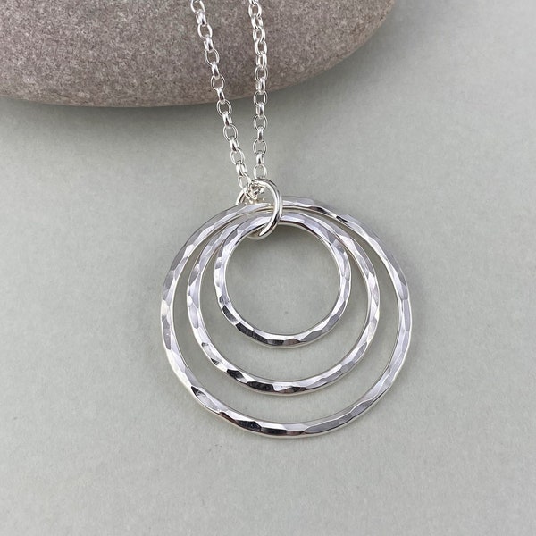 Hammered Sterling Silver Triple Circle Necklace, Hammered British Silver Pendant, Handmade Silver Three Circle Necklace Handmade Pendant