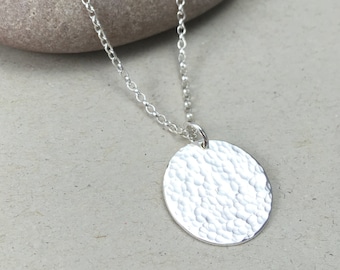 Hammered Sterling Silver Disc Necklace, Silver Circle