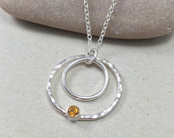 Citrine Sterling Silver Circle Necklace, Hammered Citrine Silver Pendant, Silver and Citrine Necklace on Chain November Birthstone