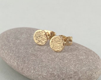 Mini 9ct Yellow Gold Hammered Disc Stud Earrings, Ethical Recycled Gold Circle Earrings